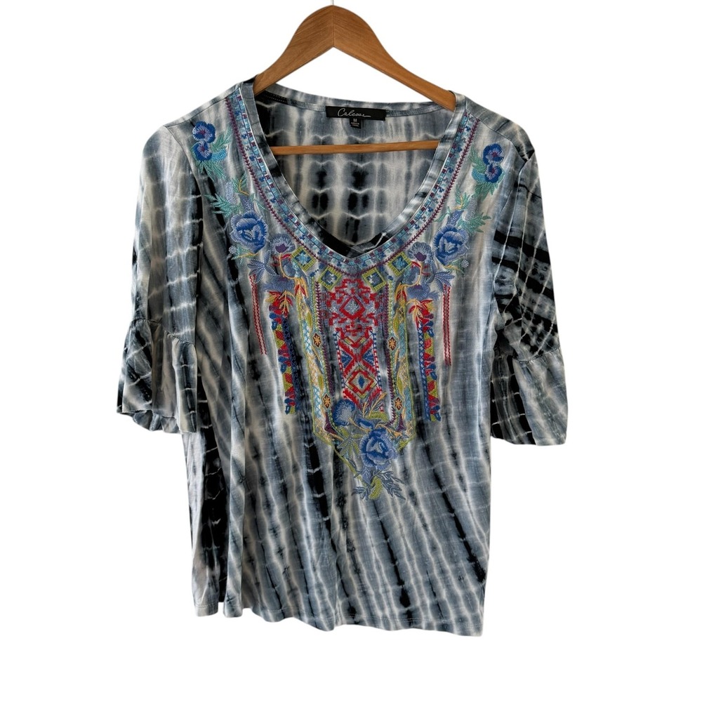 Calessa Embroidered Tie Dye Tunic Top Womens M Gray Blue Boho Floral Stretch
